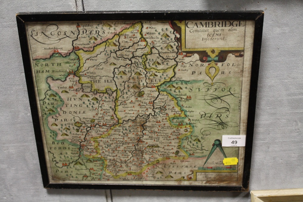 AN ANTIQUE FRAMED AND GLAZED MAP OF CAMBRIDGE BY CHRISTOPHER SAXTON