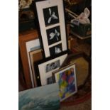 A COLLECTION OF ASSORTED PICTURES AND PRINTS ETC TO INCLUDE AN OAK FRAMED OCTAGONAL MIRROR