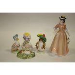 FOUR ROYAL ALBERT BEATRIX POTTER FIGURES TO INCLUDE LADY MOUSE, TOGETHER WITH A FRANCESCA VICTORIA