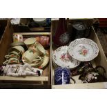 TWO BOXES OF ASSORTED CERAMICS AND CHINA TO INCLUDE AN ART DECO STYLE CHINA, RIBBON PLATES ETC