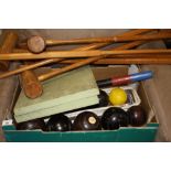 A PART CROQUET SET TO INCLUDE JAQUES MALLETS, LAWN BOWLS, SNOOKER BALLS ETC