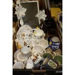 A TRAY OF ASSORTED CERAMICS ETC. TO INCLUDE PAUL CARDEW TED - TEA TEDDY BEAR PATTERN CHINA, FLORAL