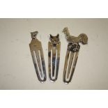 THREE NOVELTY SILVER BOOK MARKS WITH ANIMAL DETAIL