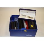 A BOX OF VINTAGE PENS ETC TO INCLUDE WATERMAN