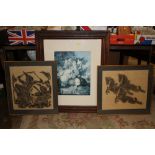 A PAIR OF EASTERN CHARCOAL STUDIES OF HORSES AND FIGURES, TOGETHER WITH A LARGE FLORAL PRINT