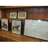 AN ANTIQUE FRAMED INDENTURE TOGETHER WITH FOUR MILITARY PRINTS AND TWO HUNTING PRINTS (7)