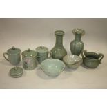 A COLLECTION OF TEN PIECES OF CHINESE TYPE CELADON CERAMICS, tallest 22 cmCondition Report:Bowl
