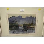 A FRAMED AND GLAZED IMPRESSIONIST WATERCOLOUR HARBOUR SCENE WITH FIGURES SIGNED SPENCER FORD