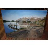 AN UNFRAMED OIL ON CANVAS OF A MOUNTAINOUS LAKE SCENE WITH JETTY SIGNED CAZ