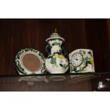 A MASONS CHARTROUSSE CERAMIC PICTURE FRAME, CLOCK AND TWIN HANDLED LIDDED VASE (3)