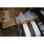 THREE BOXES OF MOSTLY BLUE AND WHITE EX SHOWHOME CUSHIONS