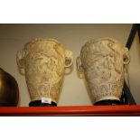 A PAIR OF CHINESE RESIN VASES WITH FIGURATIVE DETAIL