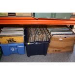 THREE BOXES OF LP RECORDS TO INCLUDE TOM JONES AND ELVIS TOGETHER WITH A TRAY OF 7" SINGLES AND