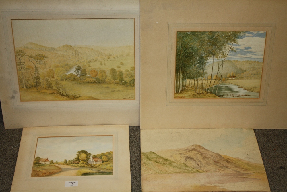 A COLLECTION OF FOUR UNFRAMED WATERCOLOURS BY HERBERT OSWALD LUMBY FEATURING LANDSCAPES, RUSTIC