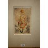 A FRAMED GERMAN WATERCOLOUR SURREALIST FEMALE NUDE STUDY INDISTINCTLY SIGNED LOWER LEFT