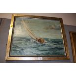 A FRAMED OIL ON CANVAS DEPICTING A SAILING YACHT AT SEA SIGNED H W WATERS