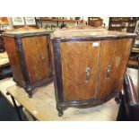 A PAIR OF WALNUT c1930's SHAPED CABINETS WITH GLASS TOPS (2) H 74 W 62 D 39 CM