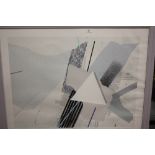 A LARGE MODERN FRAMED AND GLAZED ABSTRACT LITHOGRAPH ENTITLED THREEWAY INDISTINCTLY SIGNED LOWER