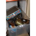 A BOX OF ASSORTED COLLECTABLES TO INCLUDE A MAX SIEVERT BLOW LAMP, LOOM SHUTTLE ETC