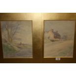 A PAIR OF GILT MOUNTED WATERCOLOURS OF COUNTRY COTTAGES BY WILLIAM ROSEALADE