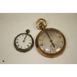 A LADIES SILVER FOB WATCH TOGETHER WITH A GOLD PLATED OPEN FACED MANUAL WIND POCKET WATCH (2)