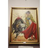 A GILT FRAMED OIL ON CANVAS OF A MATADOR AND BULL SIGNED J WYATT