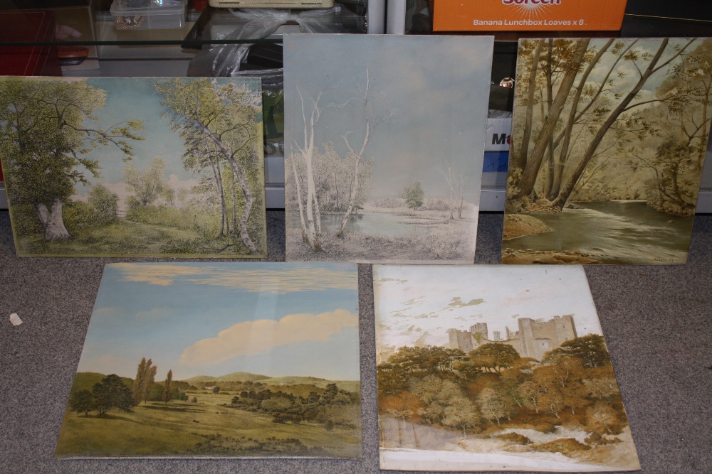 FIVE HERBERT OSWALD LUMBY UNFRAMED OIL ON BOARDS OF LANDSCAPES ETC