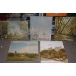 FIVE HERBERT OSWALD LUMBY UNFRAMED OIL ON BOARDS OF LANDSCAPES ETC