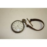 A HALLMARKED SILVER WALTHAM OPEN FACED POCKET WATCH ON LEATHER STRAP