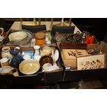 FOUR TRAYS OF CERAMICS, GLASS AND SUNDRIES TO INCLUDE TG GREEN, WEDGWOOD ETC
