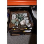 A TRAY OF CERAMICS AND METALWARE TO INCLUDE A DUDSON BROS THREE PIECE TEA SERVICE ETC