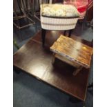 A LEATHER STYLE COFFEE TABLE, SMALL STOOL AND A SEWING BOX (3)