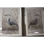 A PAIR OF MODERN FRAMED AND GLAZED PICTURES OF A HERON