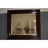 AN OAK FRAMED AND GLAZED UNSIGNED CIRCA 1900 MONOCHROME WATERCOLOUR DEPICTING BOATS AT SEA