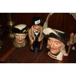 A ROYAL DOULTON WINSTON CHURCHILL TOBY JUG TOGETHER WITH TWO LARGE CHARACTER JUGS