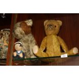 A VINTAGE PLAY WORN STRAW FILLED TEDDY BEAR TOGETHER WITH A DOG AND A NORAH WELLINGS SAILOR DOLL (3)