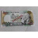 FIRST TRUST BANK £100 one hundred pounds, speciman note AE000000 single punch hole "De La Rue"