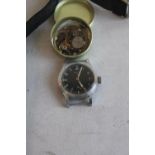 W.W.W., WWII "RECORD" MILITARY WRIST WATCH WITH BLACK DIAL AND ENGRAVED MARKINGS TO THE CASE,