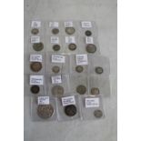 A COLLECTION OF VARIOUS SILVER COINS to include 1914 and 1918 Australian shillings, Victorian Hong