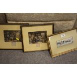 A PAIR OF ANTIQUE FRAMED AND GLAZED S BAXTER PRINTS OF INTERIOR SCENES TOGETHER WITH A STEVENGRAPH