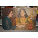 AN UNFRAMED OIL ON CANVAS OF TWO WOMEN SEATED AT A TABLE