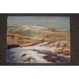 AN UNFRAMED WATERCOLOUR OF A SNOWY HILLSIDE SIGNED E CHARLES SIMPSON