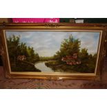 A LARGE GILT FRAMED UNUSUAL 3D EFFECT OIL ON CANVAS DEPICTING RIVERSIDE COTTAGES INDISTINCTLY SIGNED