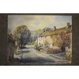 AN UNFRAMED WATERCOLOUR OF A VILLAGE SCENE SIGNED E CHARLES SIMPSON