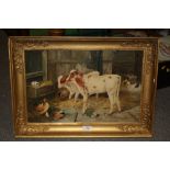 A GILT FRAMED OIL ON BOARD OF A BARN INTERIOR SCENE SIGNED R JOHNSTON