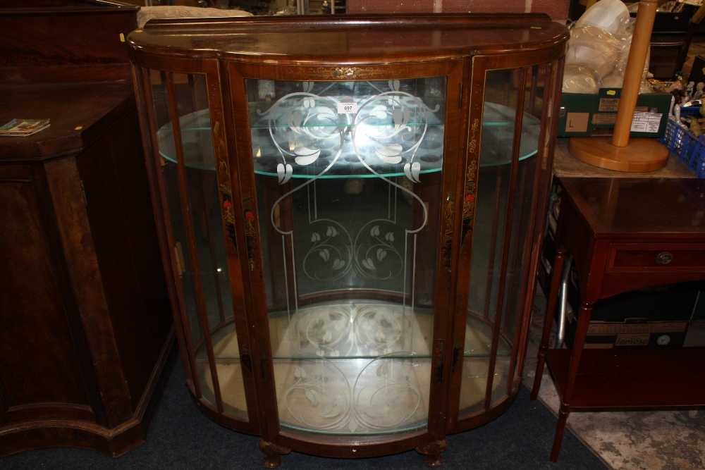 A WALNUT CHINA DISPLAY CABINET WITH ORIENTAL STYLE LACQUERED DETAIL W-106 CM A/F