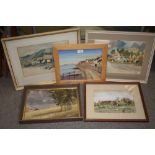 A COLLECTION OF WATERCOLOURS AND OILS TO INCLUDE A VINCENT PETERSON LANDSCAPE (5)