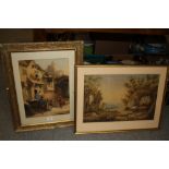 A GILT FRAMED AND GLAZED WATERCOLOUR OF FIGURES BESIDE A BUILDING TOGETHER WITH A RURAL SCENE