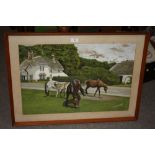 A FRAMED AND GLAZED OIL ON BOARD OF HORSES BESIDE A ROAD SIGNED G.T.DOUBLEDAY 1970