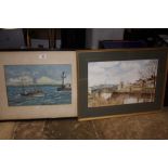 A FRAMED AND GLAZED WATERCOLOUR OF A BRIDGE SIGNED D HUMPHREY TOGETHER WITH ANOTHER